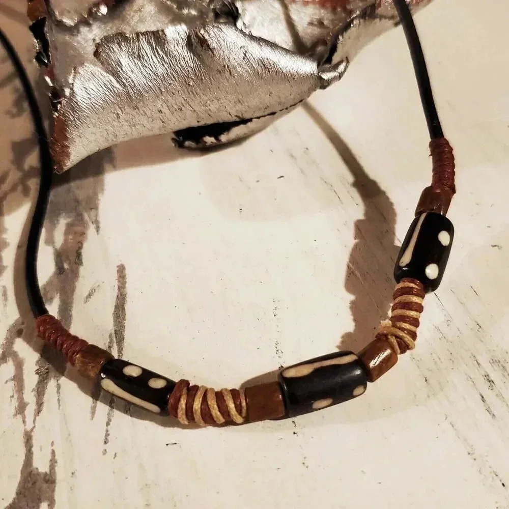 Handcrafted India Tribal Black Brown Cream Yak Bone Leather Necklace
